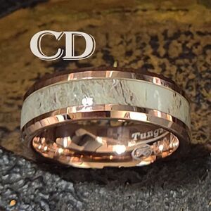 Men's Real Rose Gold Tungsten Wedding Ring With Deer Antler Inlay